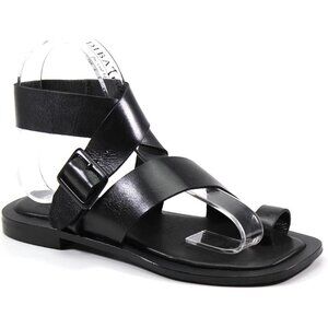 Diba True Cite See Black Leather Strappy Flat Sandals | Size 6.5